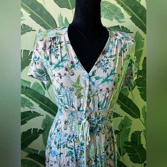 Boutique Pink Floral Midi Dress Button Up Split Summer Boho Long Beach Dress M - Picture 5 of 10